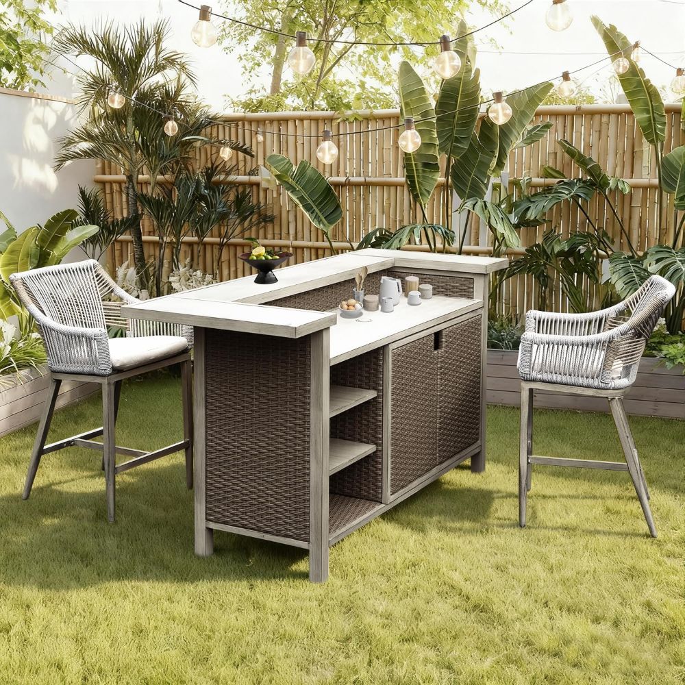 Modern Aluminum & Wicker Outdoor Bar Table - Gray