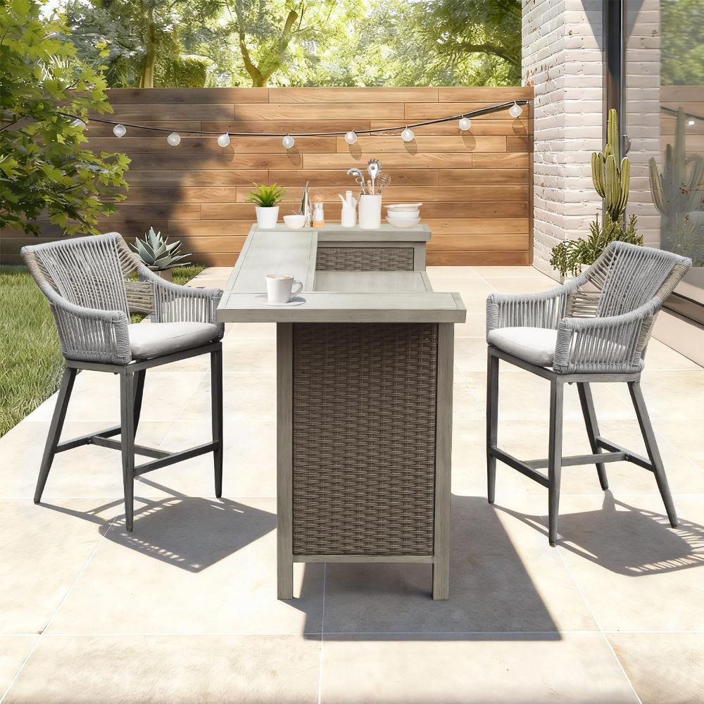 Modern Aluminum & Wicker Outdoor Bar Table - Gray