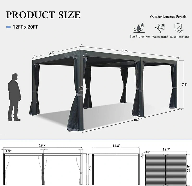 Louvered Pergola Gray with Galvanized Steel Roof
