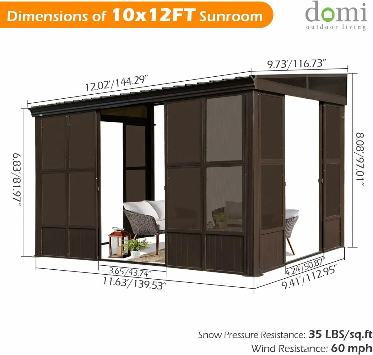 10'x12' Wall Mounted Sunroom with Side Door